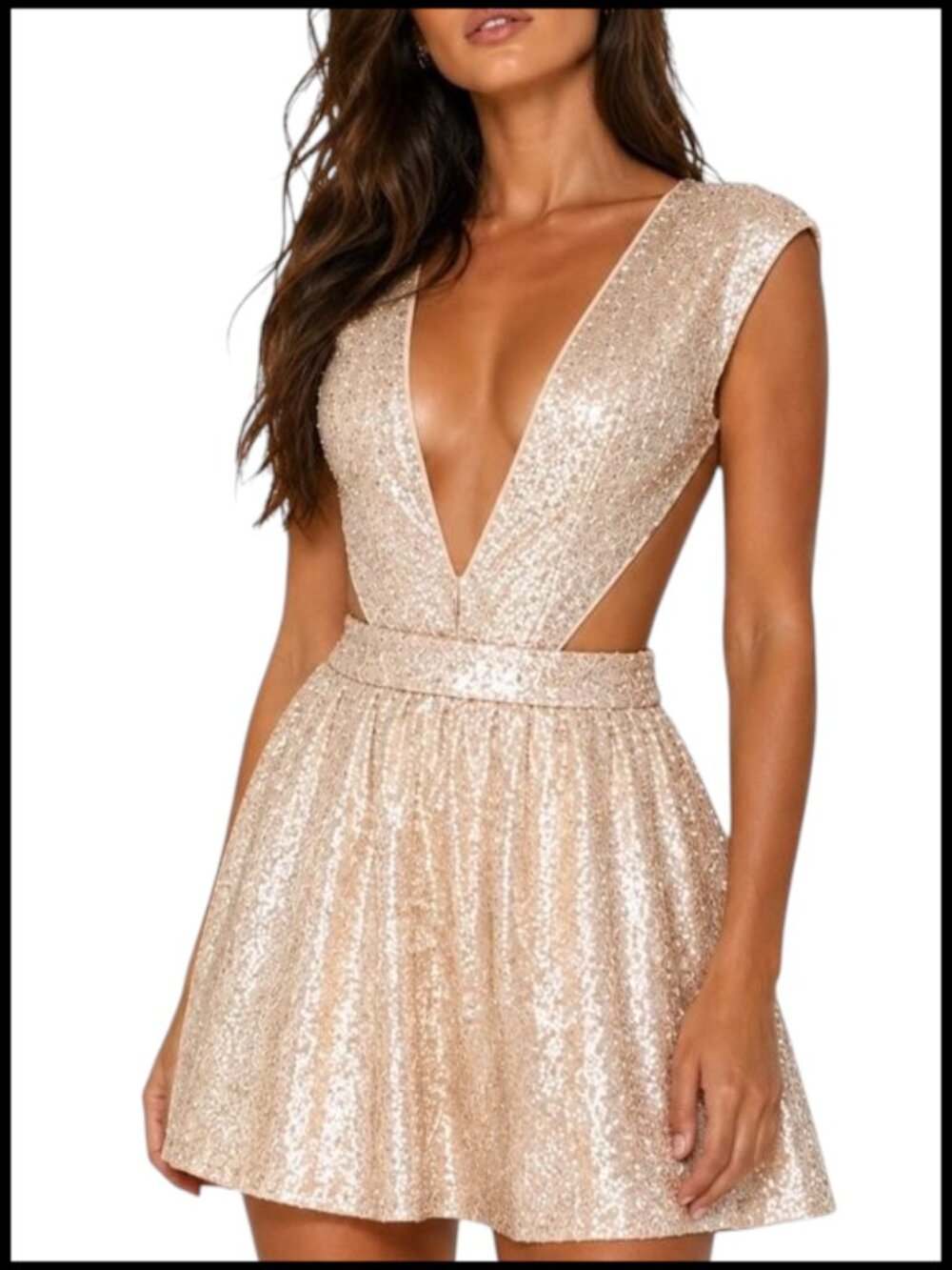 Mustard Seed Dancing Queen Mini Dress Cream Gold Sequin Deep V Cutout S